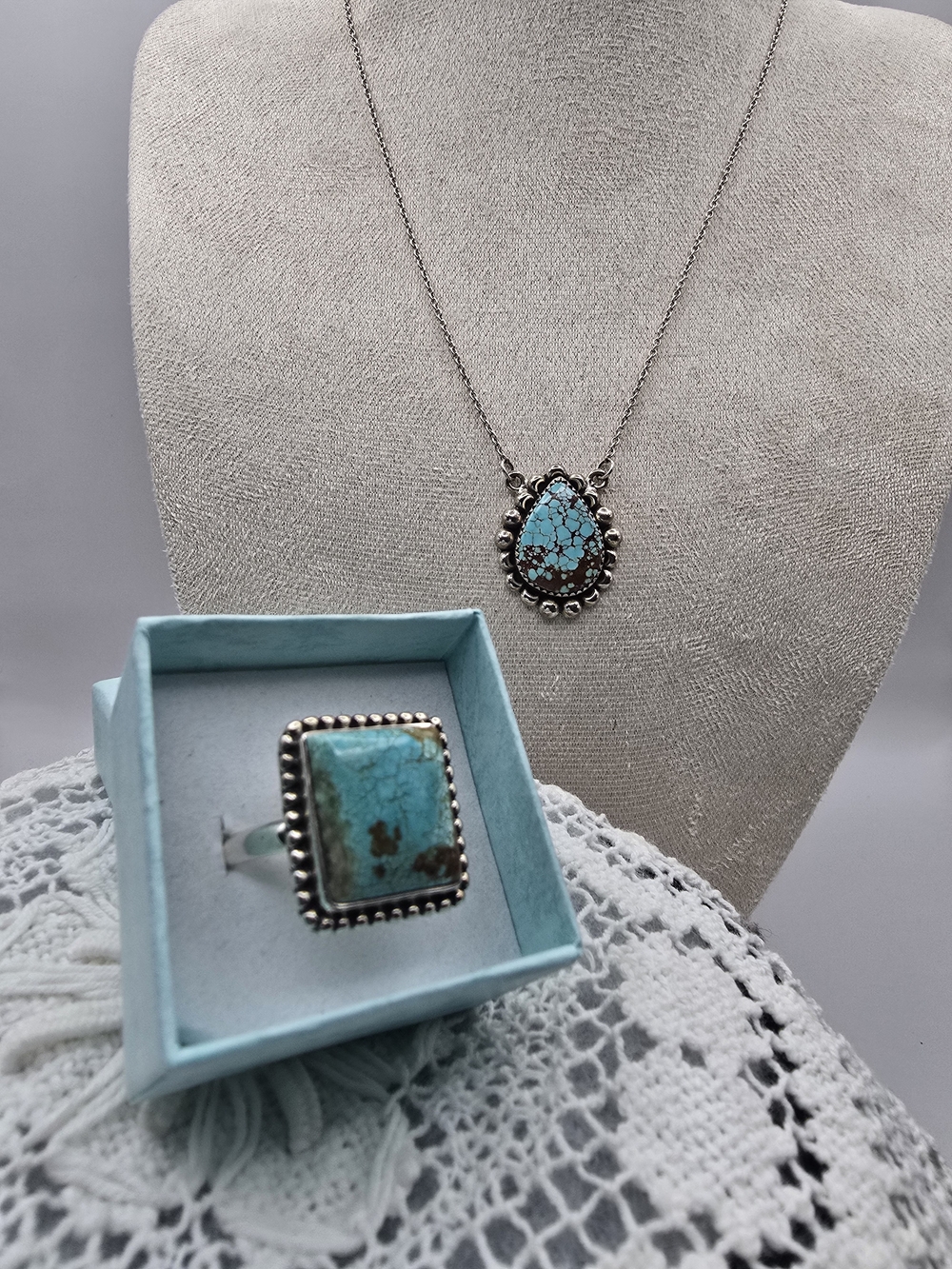 Turquoise Teardrop Pendant Necklace and Square Ring Set - Sterling Silver Sz 11